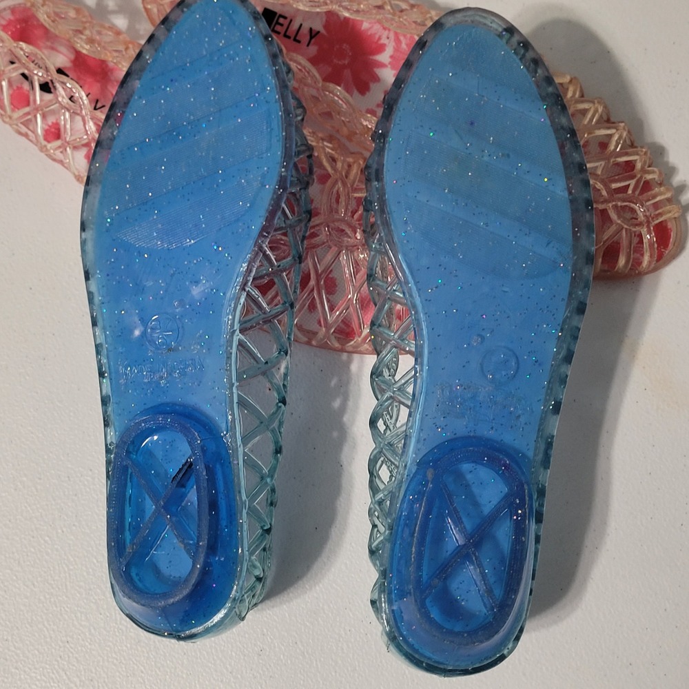 Dona Jelly Kids Glitter Ballet Flats Blue Pink Floral Size 37/6 Peep Toe 2 Pair - Picture 7 of 9